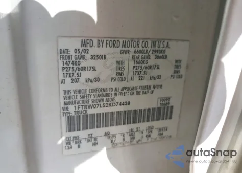 2002 Ford F-150 Lariat/Xlt z USA, uszkodzony, nr VIN 1FTRW07L52KD74438